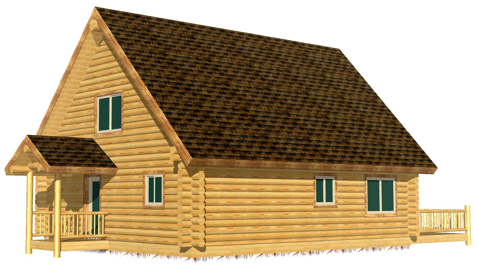 Wooden log cabin with gabled roof and porch design