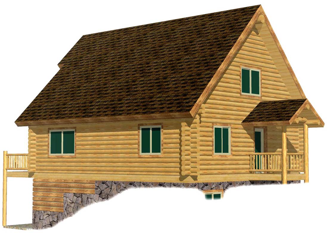 Wooden cabin with large deck and steep roof design.