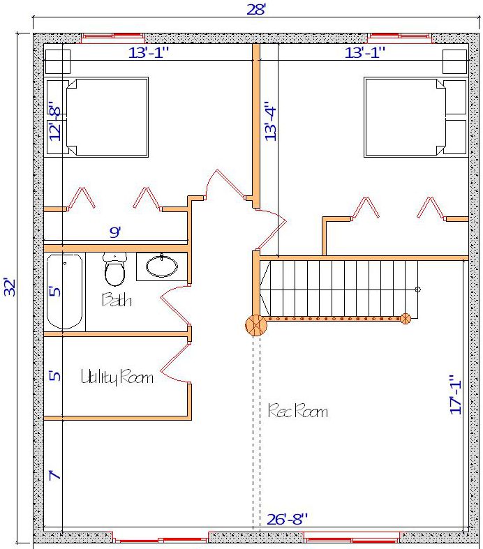 Single-story home floor plan with bedrooms and utility area