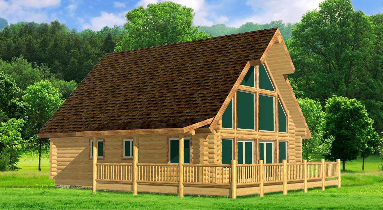A wooden log home cabin with a steeply pitched roof, large windows, and a wraparound porch surrounded by greenery.