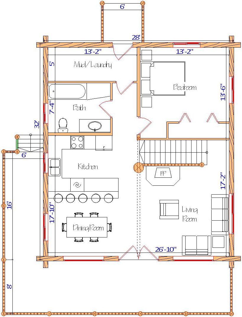 Floor plan of a log home layout showing various rooms including a master bedroom, guest room, living room, dining room, kitchen, and bathrooms with dimensions noted.