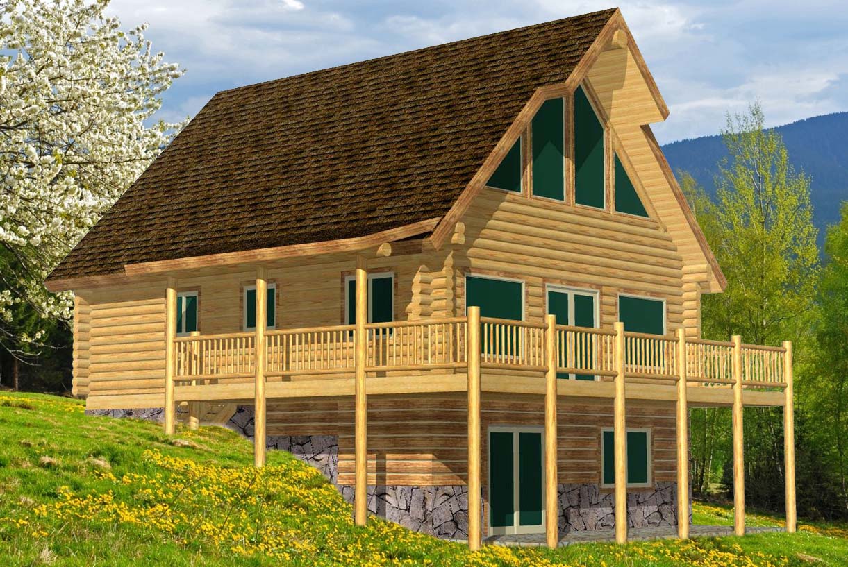 Wooden cabin with large deck and steep roof design.