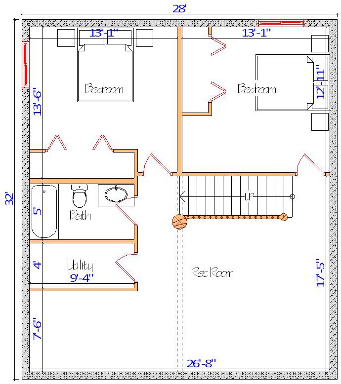 House floor plan with bedrooms and utility area layout