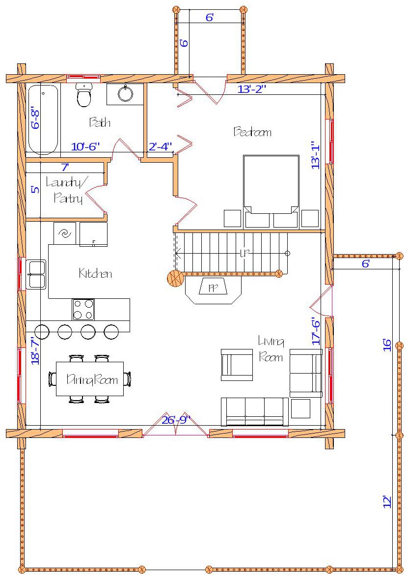 Floor plan of a log home layout showing various rooms including a master bedroom, guest room, living room, dining room, kitchen, and bathrooms with dimensions noted.