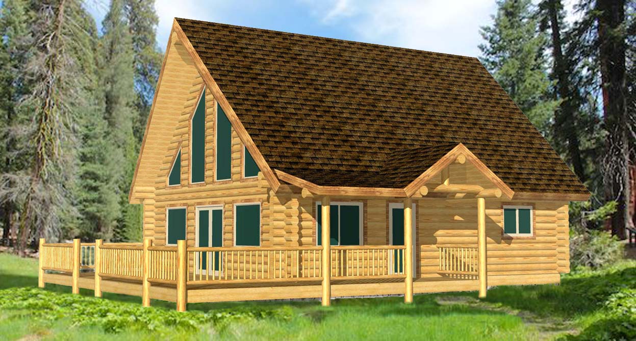 Wooden log cabin with gabled roof and porch design