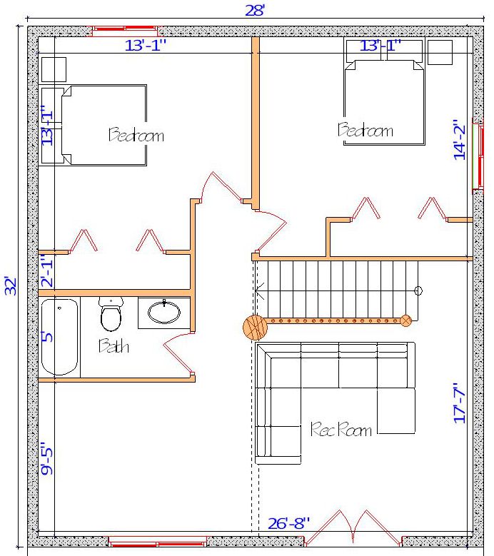 Floor plan of a log home layout showing various rooms including a master bedroom, guest room, living room, dining room, kitchen, and bathrooms with dimensions noted.