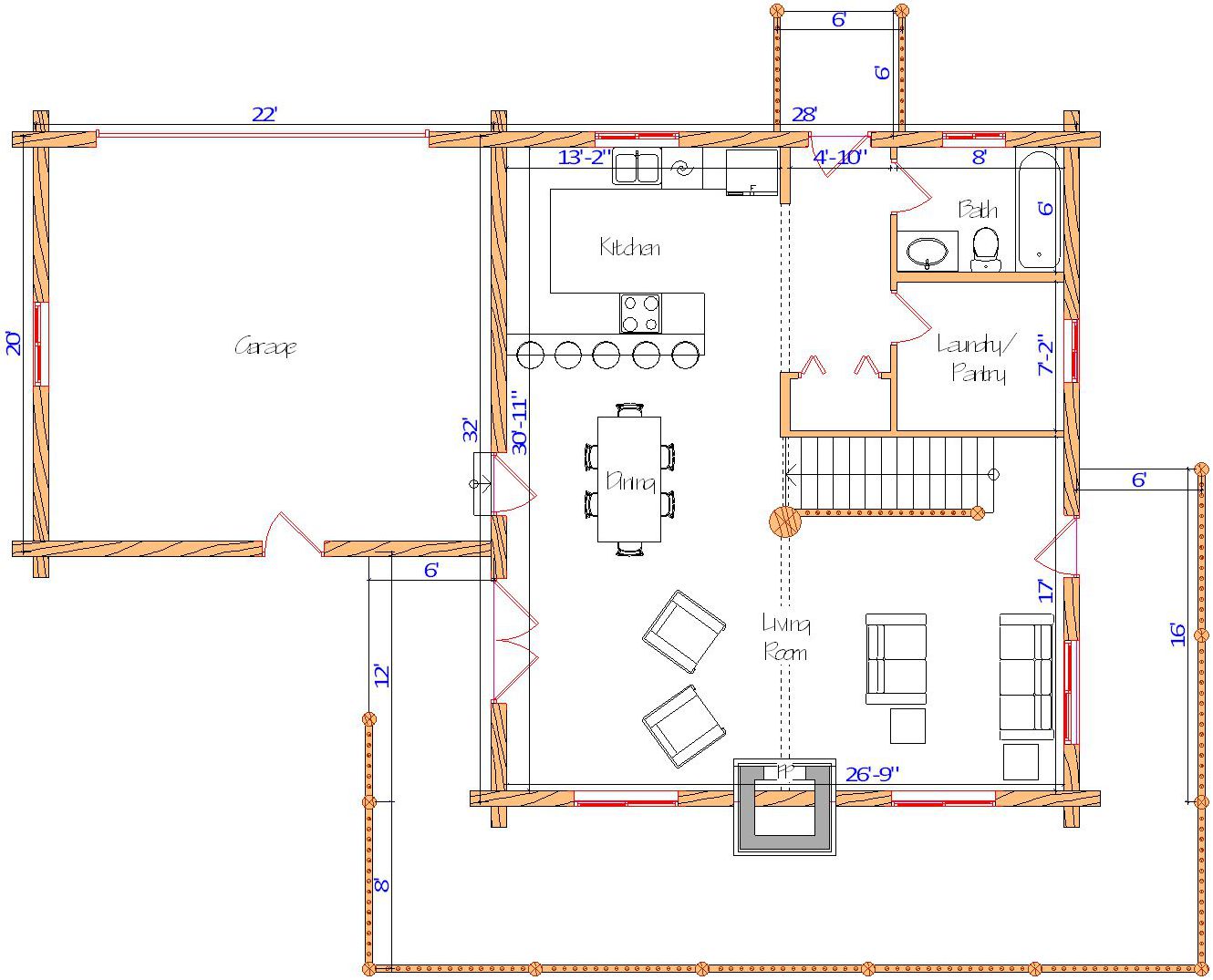 Floor plan of a log home layout showing various rooms including a master bedroom, guest room, living room, dining room, kitchen, and bathrooms with dimensions noted.