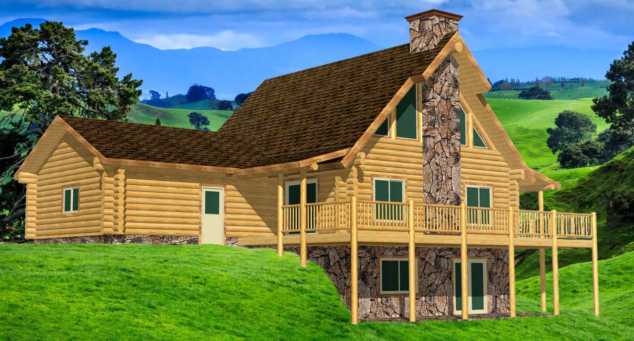Rustic two-story log cabin with stone chimney and balcony