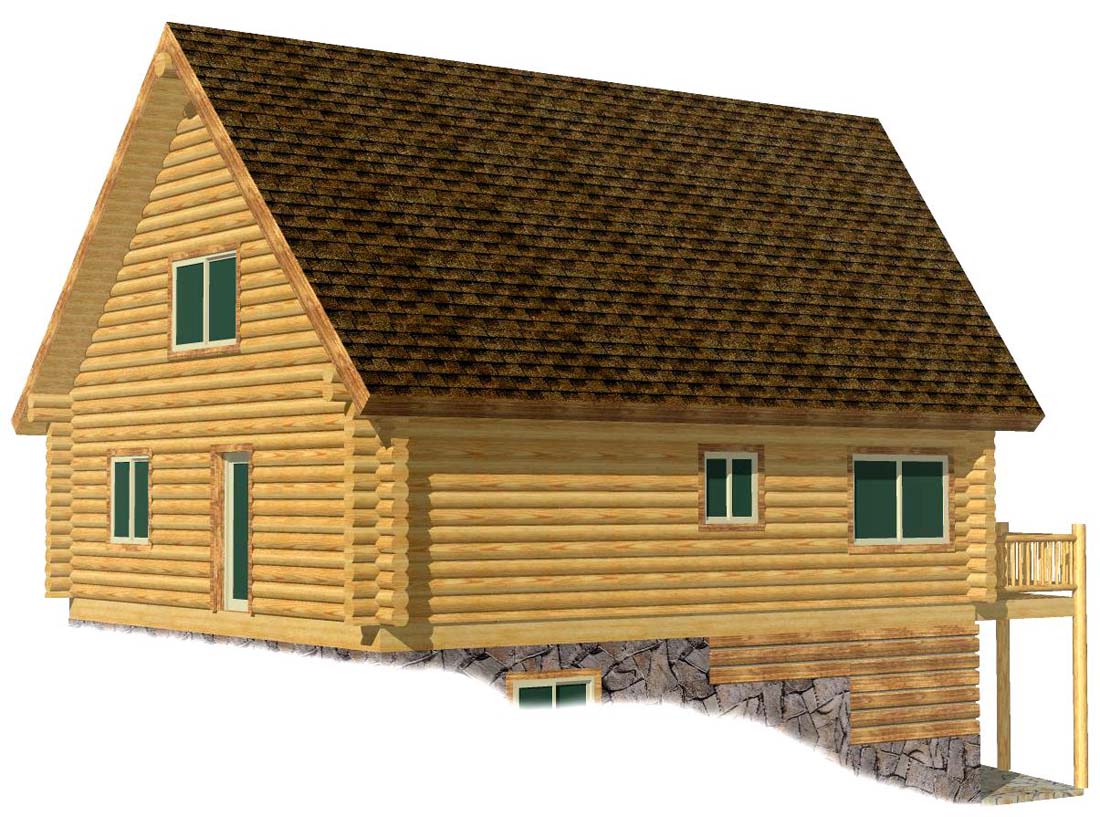 Modern log cabin with large windows and wraparound porch design