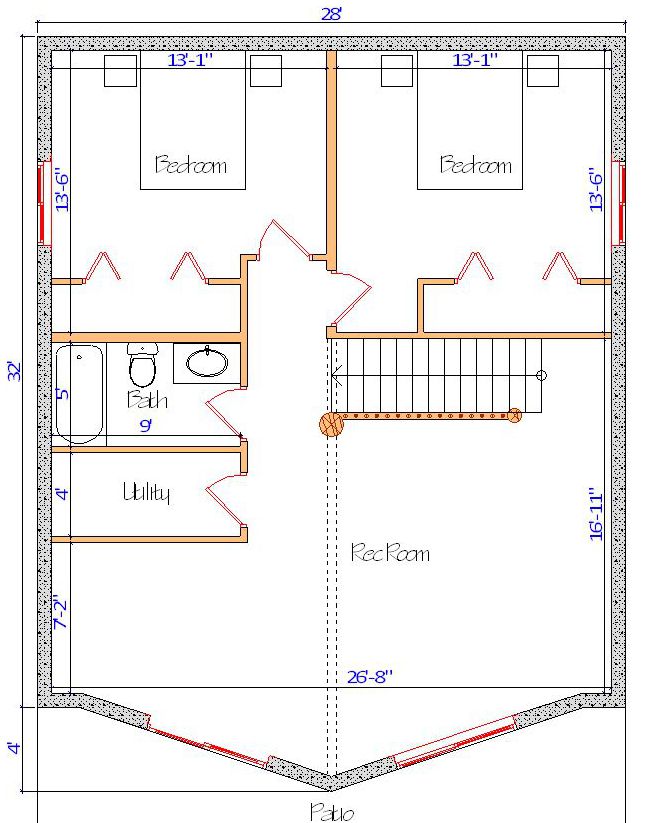 Basement floor plan with bedrooms bathroom and recreation room