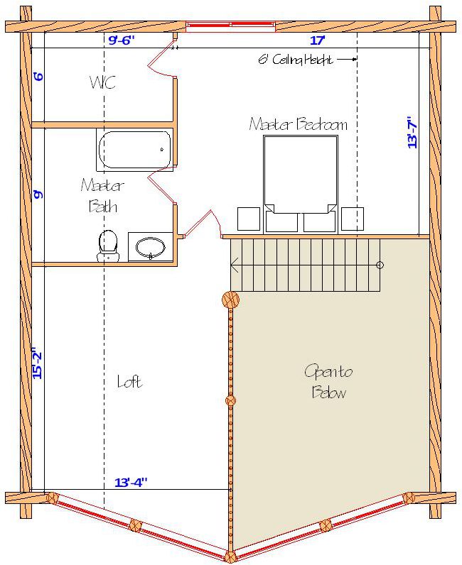Architectural plan of a master suite with bath and loft area
