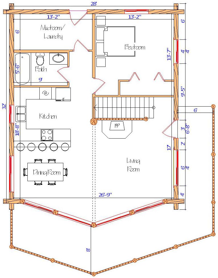 Floor plan of a log home layout showing various rooms including a master bedroom, guest room, living room, dining room, kitchen, and bathrooms with dimensions noted.