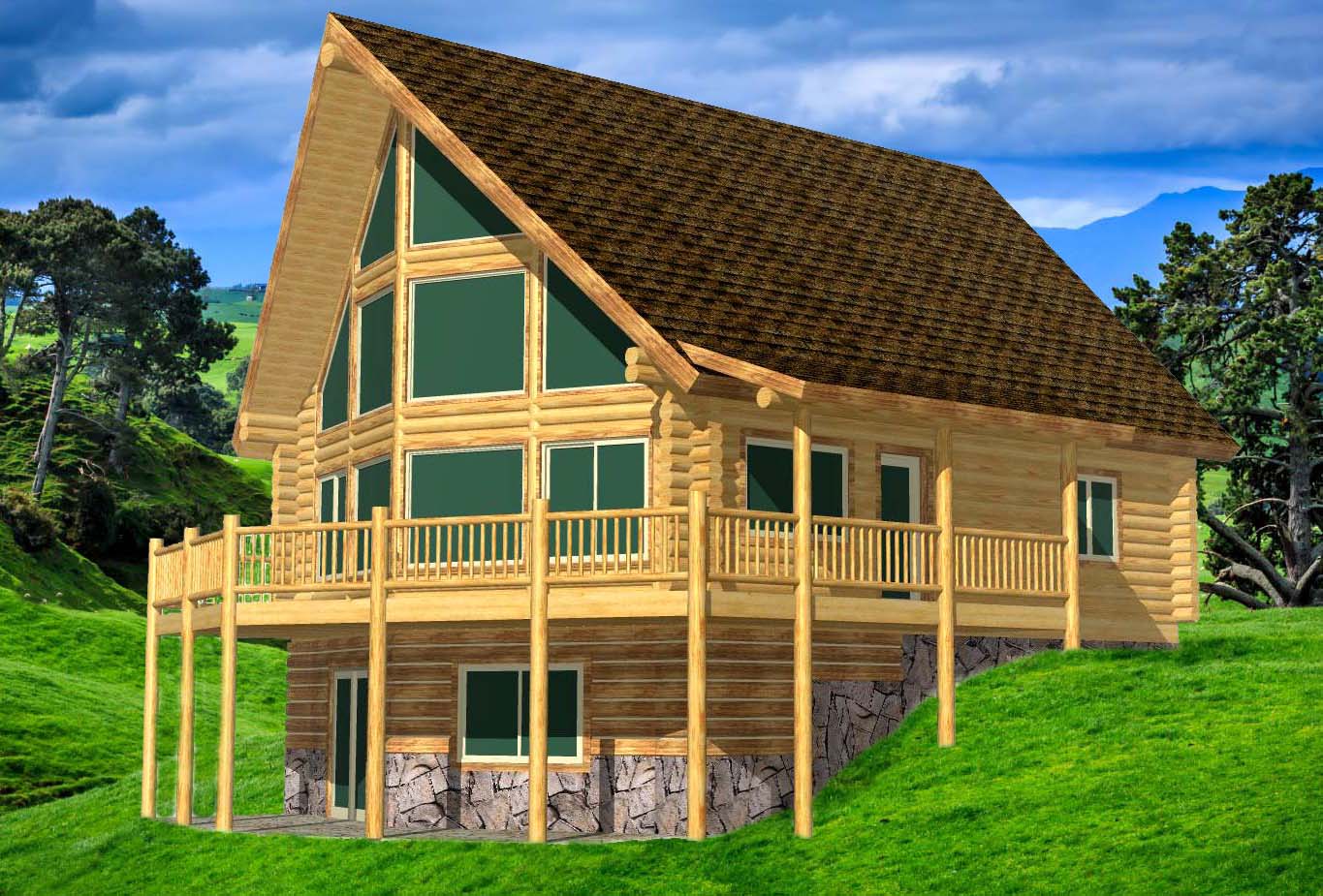 Modern log cabin with large windows and wraparound porch design