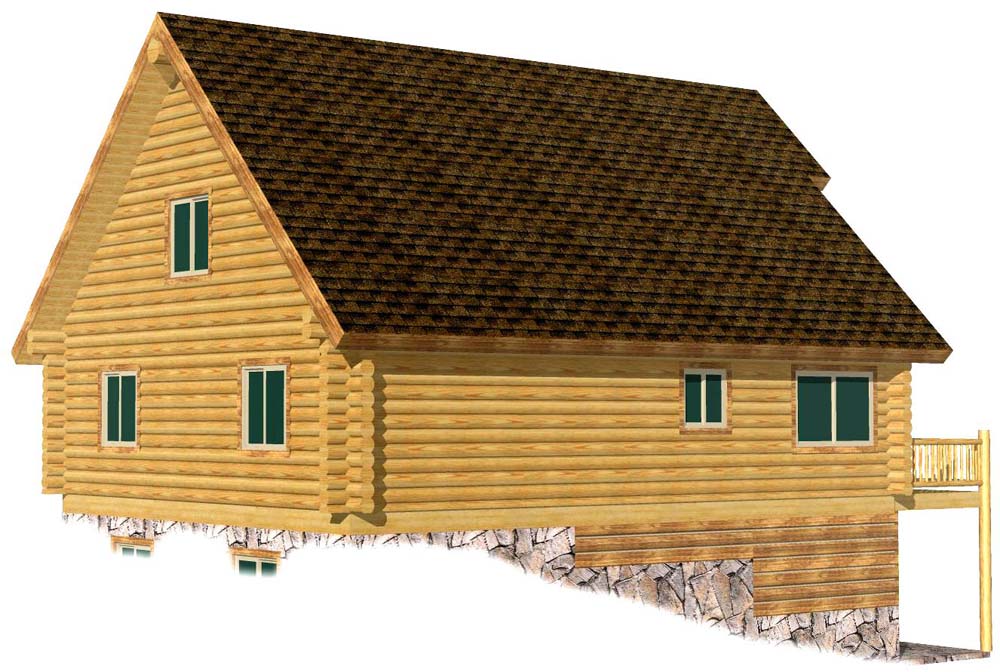 Spacious rustic log cabin with wooden deck and stone foundation