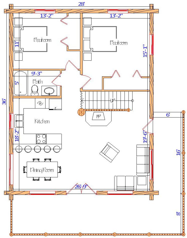 Floor plan of a log home layout showing various rooms including a master bedroom, guest room, living room, dining room, kitchen, and bathrooms with dimensions noted.
