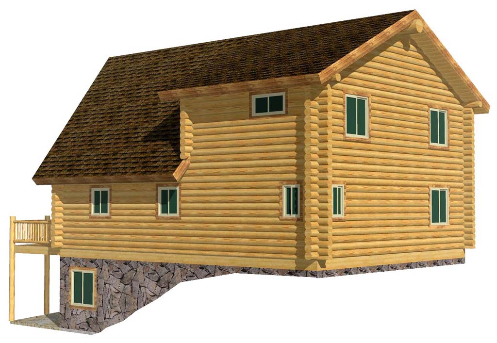 Rustic log cabin with large windows and stone foundation