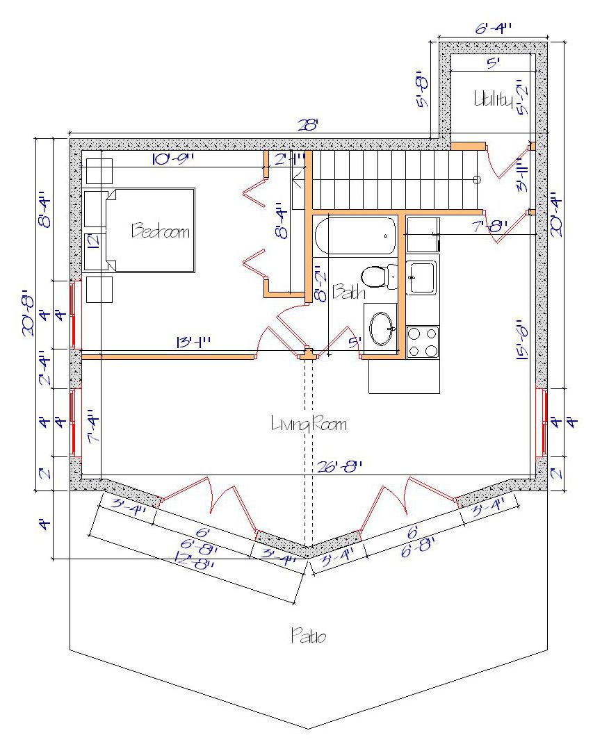 Floor plan of a log home layout showing various rooms including a master bedroom, guest room, living room, dining room, kitchen, and bathrooms with dimensions noted.