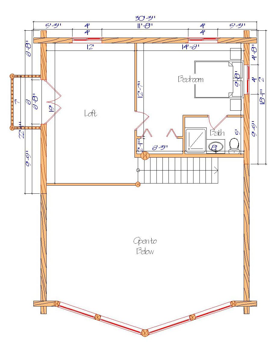 Floor plan with loft bedroom and bathroom layout