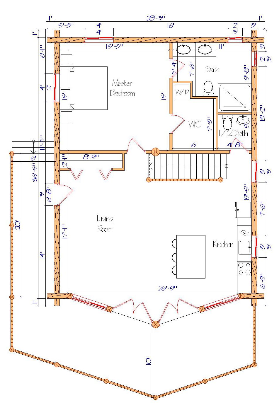 Floor plan of a log home layout showing various rooms including a master bedroom, guest room, living room, dining room, kitchen, and bathrooms with dimensions noted.