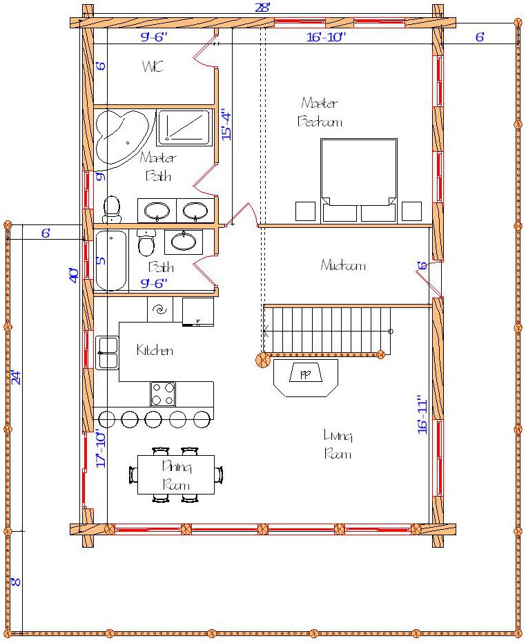 Floor plan of a log home layout showing various rooms including a master bedroom, guest room, living room, dining room, kitchen, and bathrooms with dimensions noted.