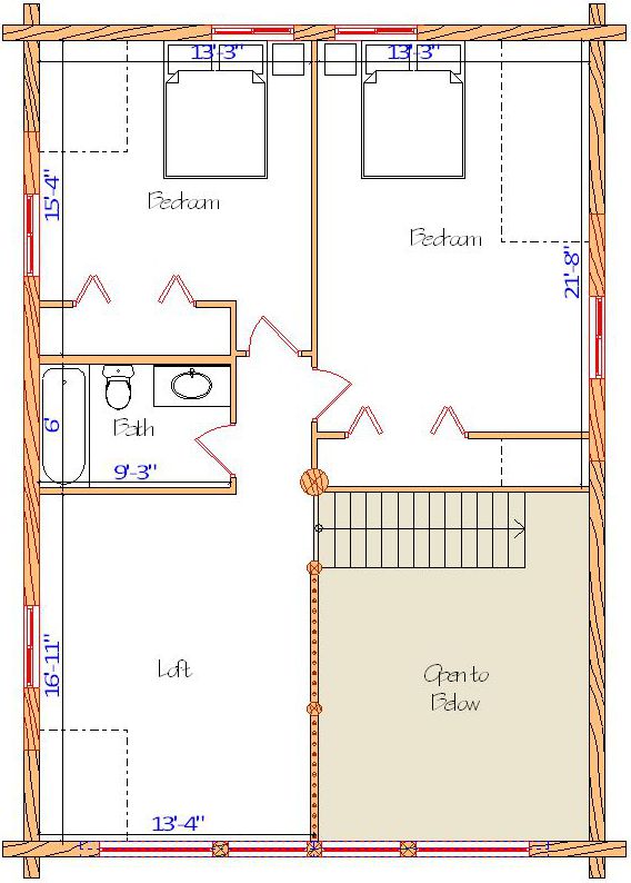 Upstairs Floor Plan with Two Bedrooms and Bathroom Layout