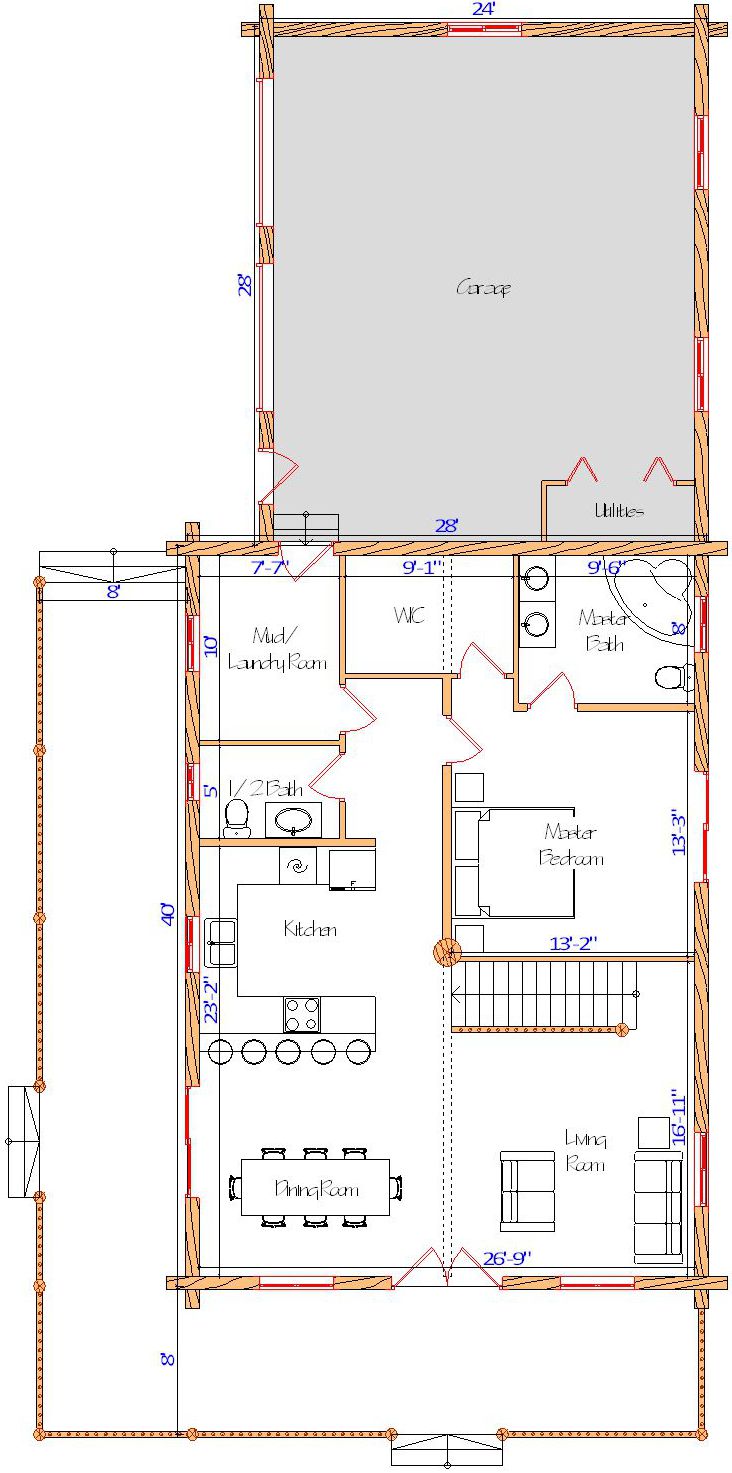 Floor plan of a log home layout showing various rooms including a master bedroom, guest room, living room, dining room, kitchen, and bathrooms with dimensions noted.