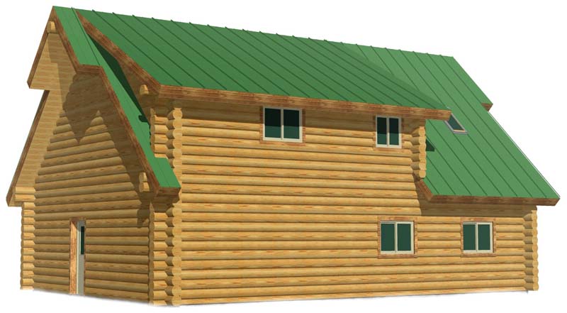 Log cabin with green roof and upper balcony design