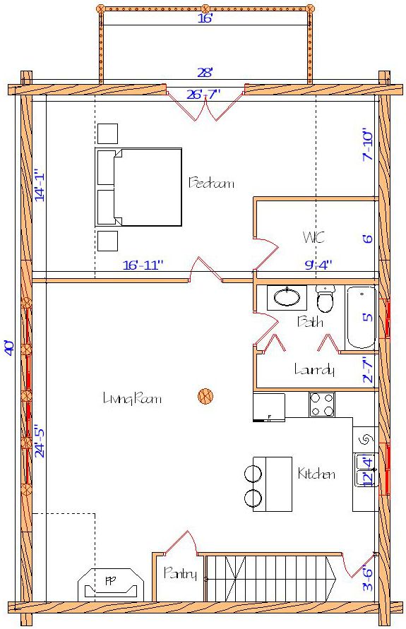 One-bedroom apartment floor plan with living room and kitchen