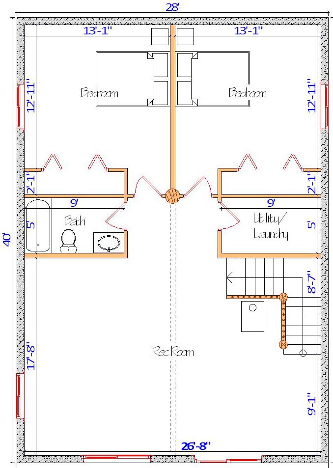 Basement floor plan with two bedroom suites, bathroom and utility room