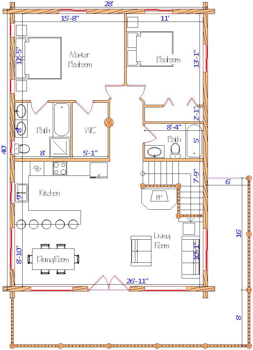 Floor plan of a log home layout showing various rooms including a master bedroom, guest room, living room, dining room, kitchen, and bathrooms with dimensions noted.