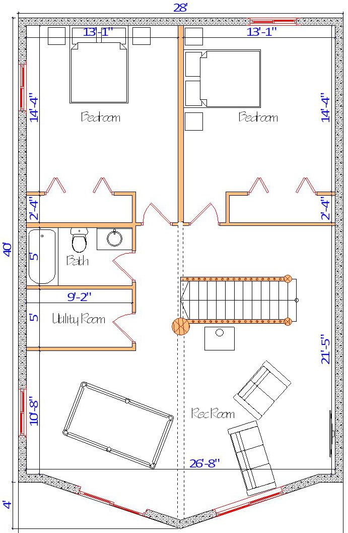 Two-bedroom house floor plan with utility and recreation room