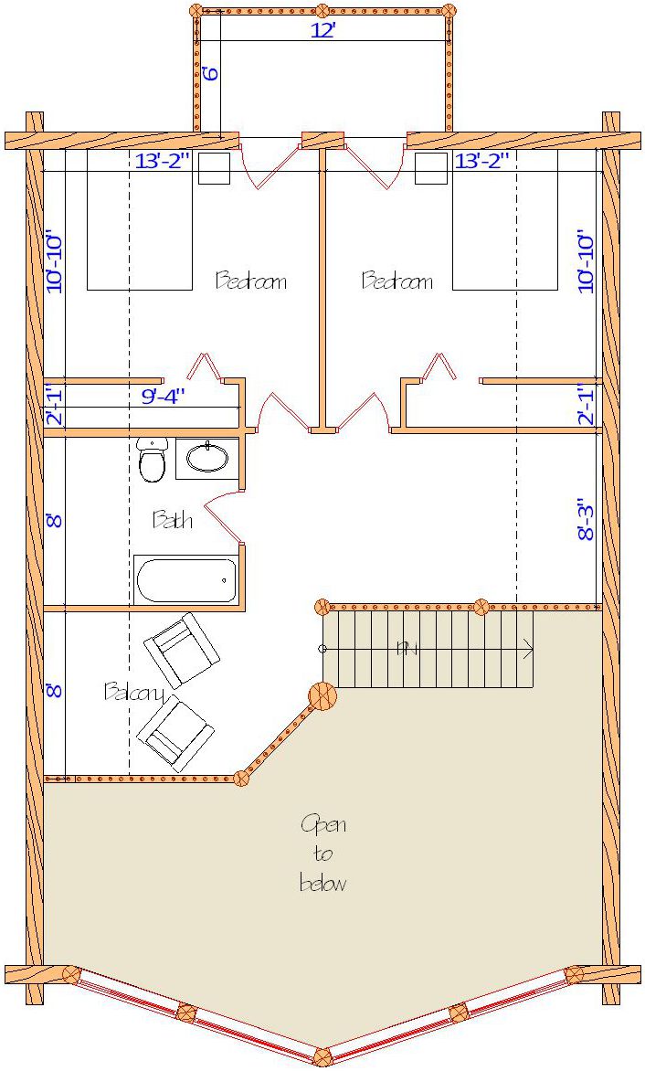 Second floor home layout with two bedrooms and a bathroom