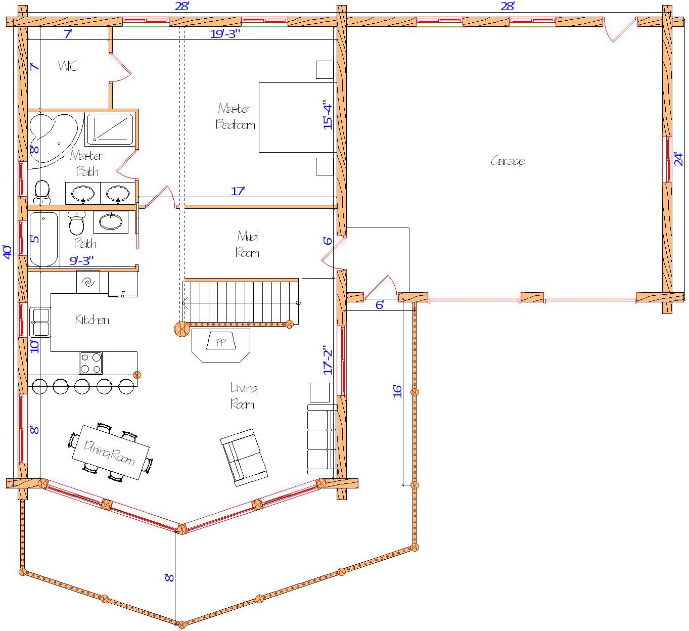 Floor plan of a log home layout showing various rooms including a master bedroom, guest room, living room, dining room, kitchen, and bathrooms with dimensions noted.