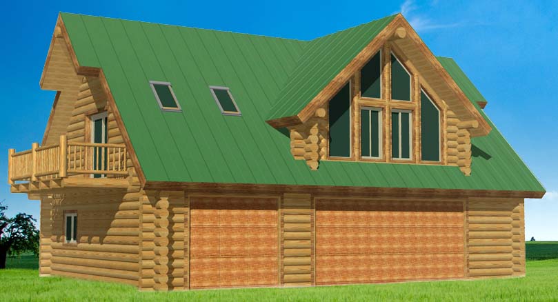 Log cabin with green roof and upper balcony design