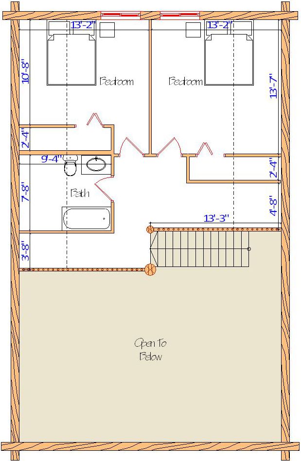 Floor plan of a log home layout showing various rooms including a master bedroom, guest room, living room, dining room, kitchen, and bathrooms with dimensions noted.