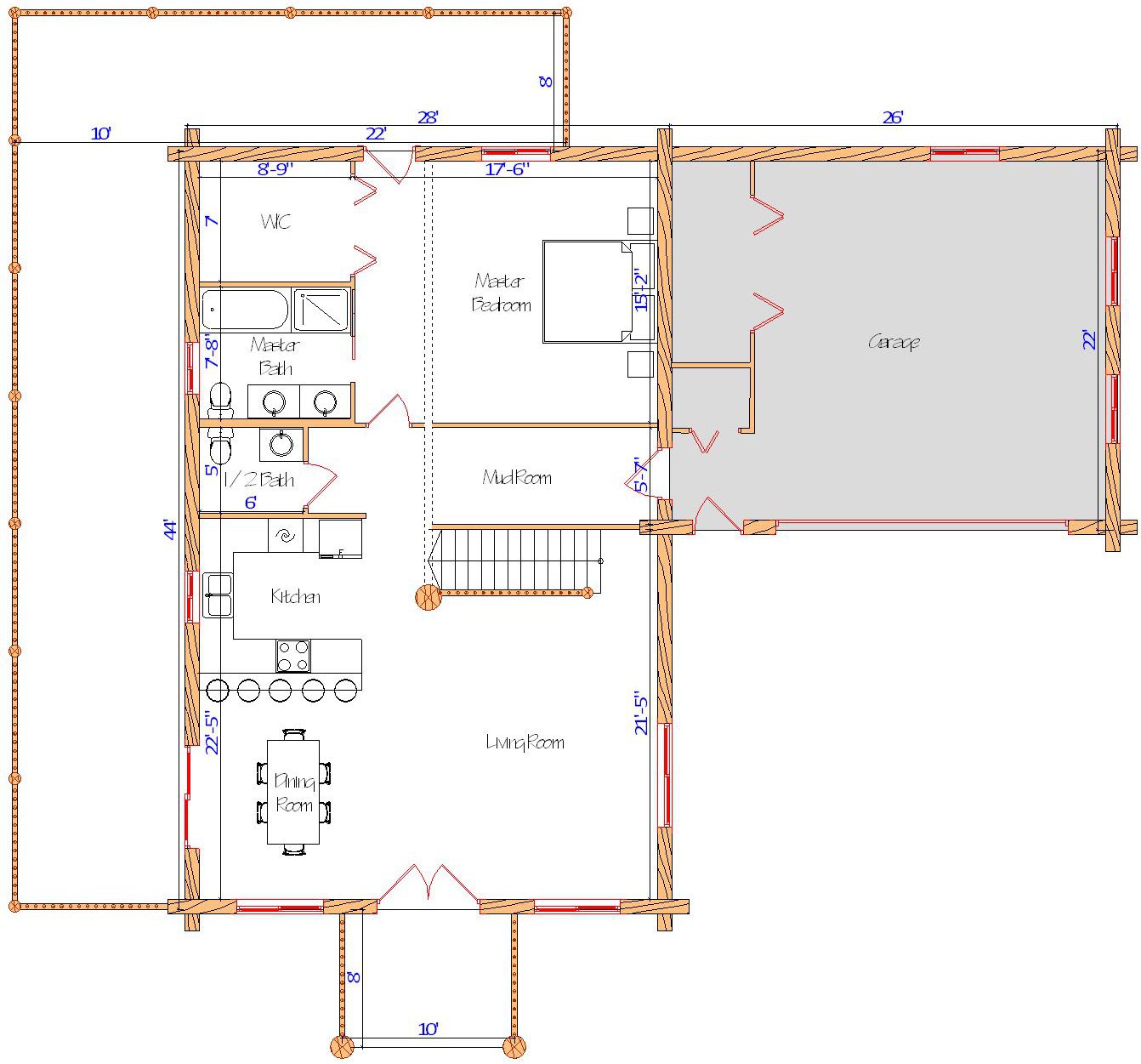 Floor plan of a log home layout showing various rooms including a master bedroom, guest room, living room, dining room, kitchen, and bathrooms with dimensions noted.