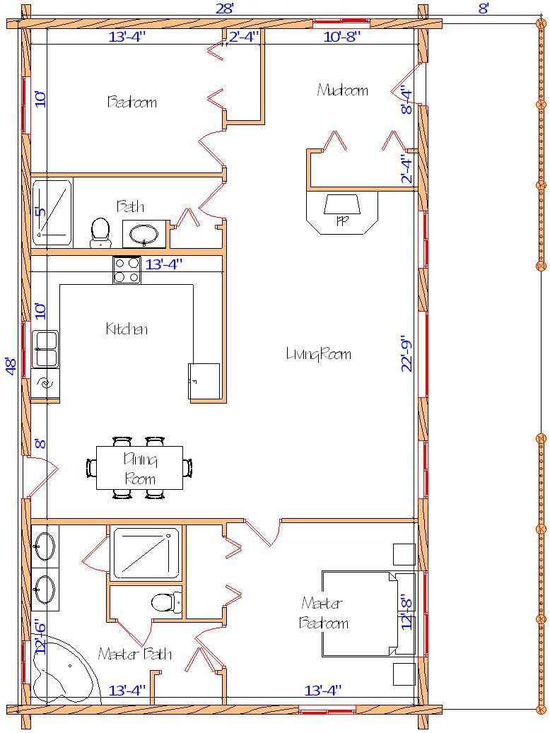 Floor plan of a log home layout showing various rooms including a master bedroom, guest room, living room, dining room, kitchen, and bathrooms with dimensions noted.