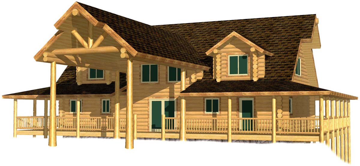 Log cabin with large porch and multiple windows and gable roof