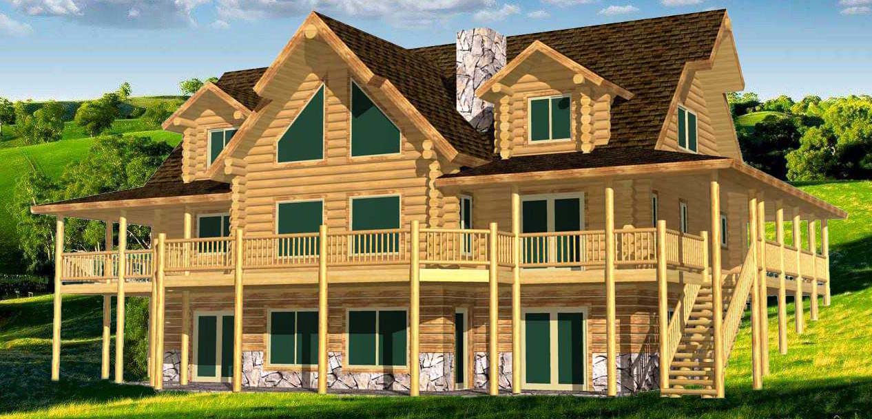 Log cabin with large porch and multiple windows and gable roof