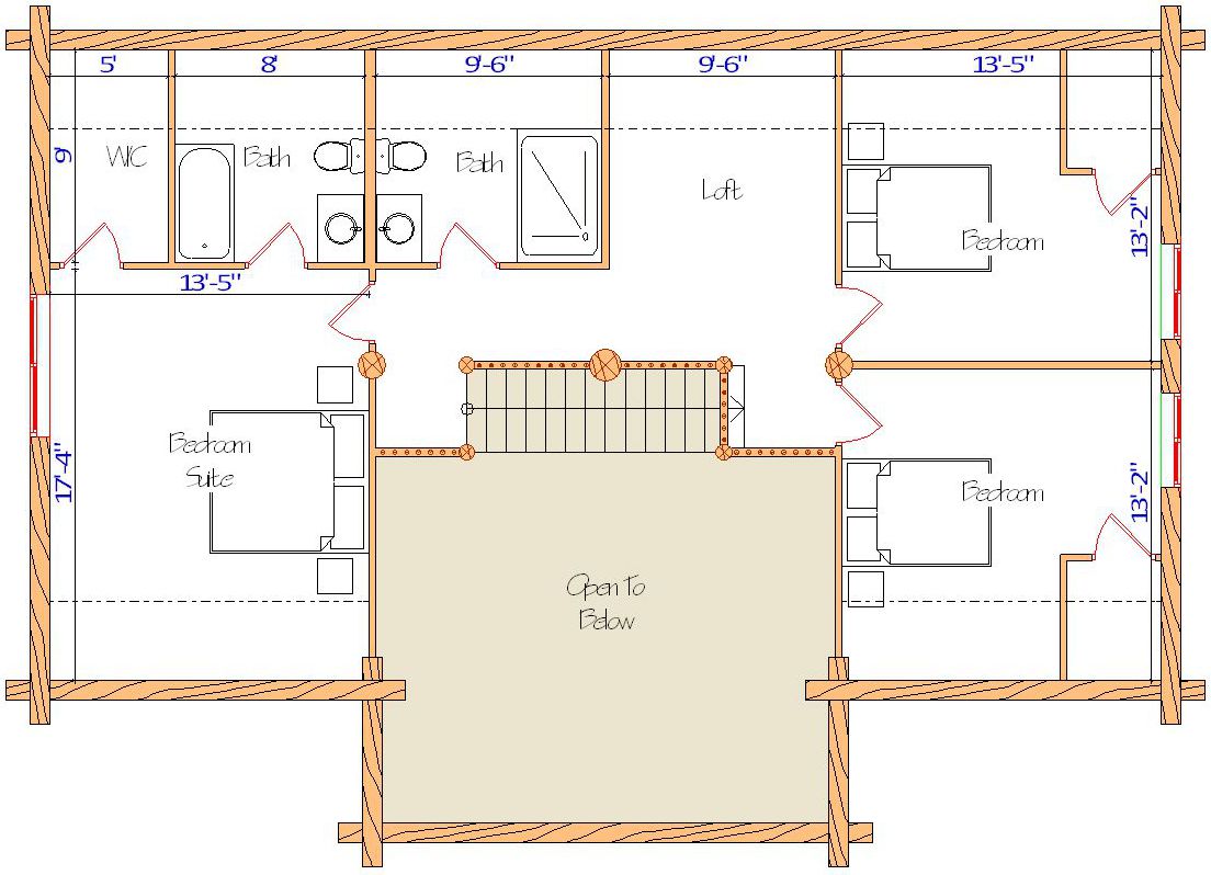 Second floor layout plan with bedrooms and bathrooms details