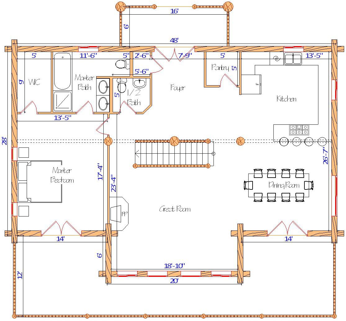 Floor plan of a log home layout showing various rooms including a master bedroom, guest room, living room, dining room, kitchen, and bathrooms with dimensions noted.
