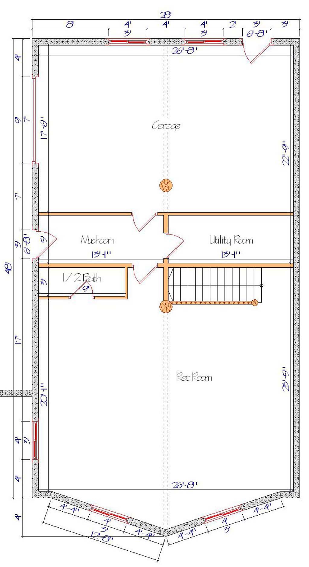 Floor plan of a log home layout showing various rooms including a master bedroom, guest room, living room, dining room, kitchen, and bathrooms with dimensions noted.