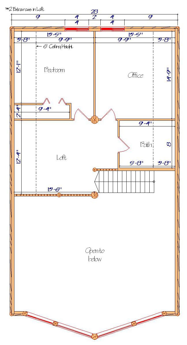 Floor plan of a log home layout showing various rooms including a master bedroom, guest room, living room, dining room, kitchen, and bathrooms with dimensions noted.