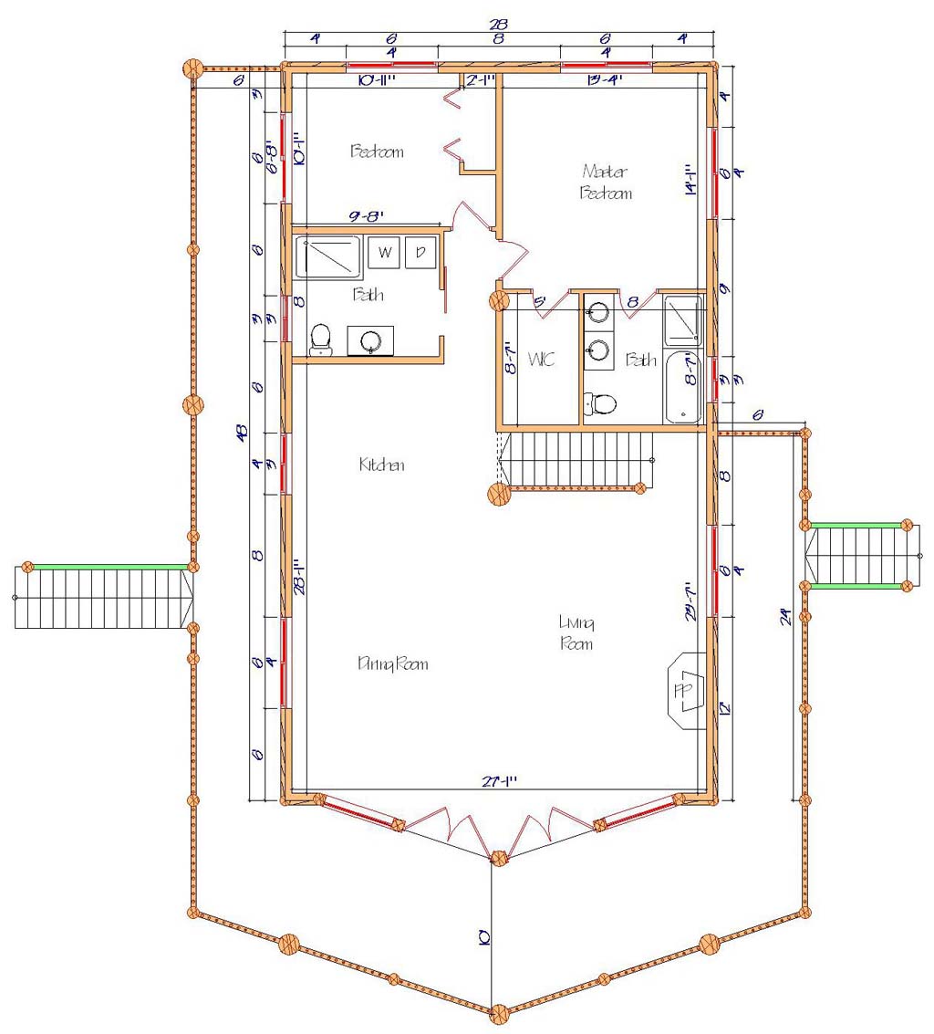 Floor plan of a log home layout showing various rooms including a master bedroom, guest room, living room, dining room, kitchen, and bathrooms with dimensions noted.