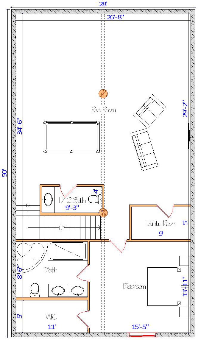 House floor plan with rec room bedroom and bathroom layout