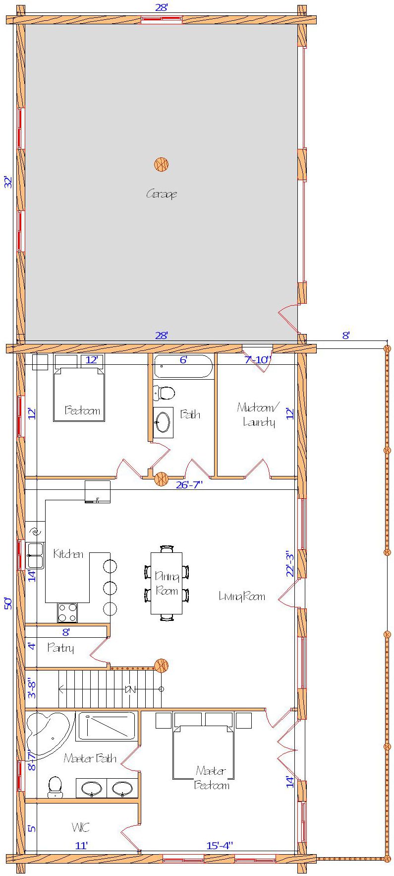 Floor plan of a log home layout showing various rooms including a master bedroom, guest room, living room, dining room, kitchen, and bathrooms with dimensions noted.