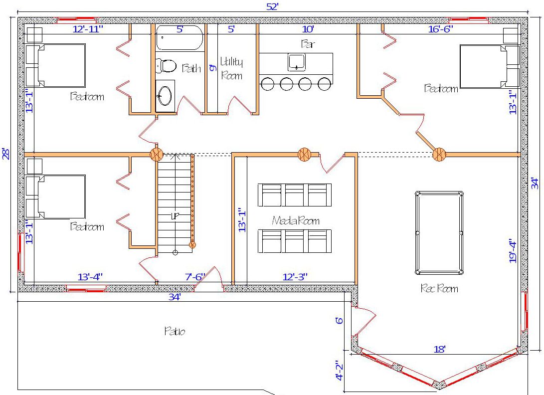 Two-bedroom floor plan with utility and recreation rooms