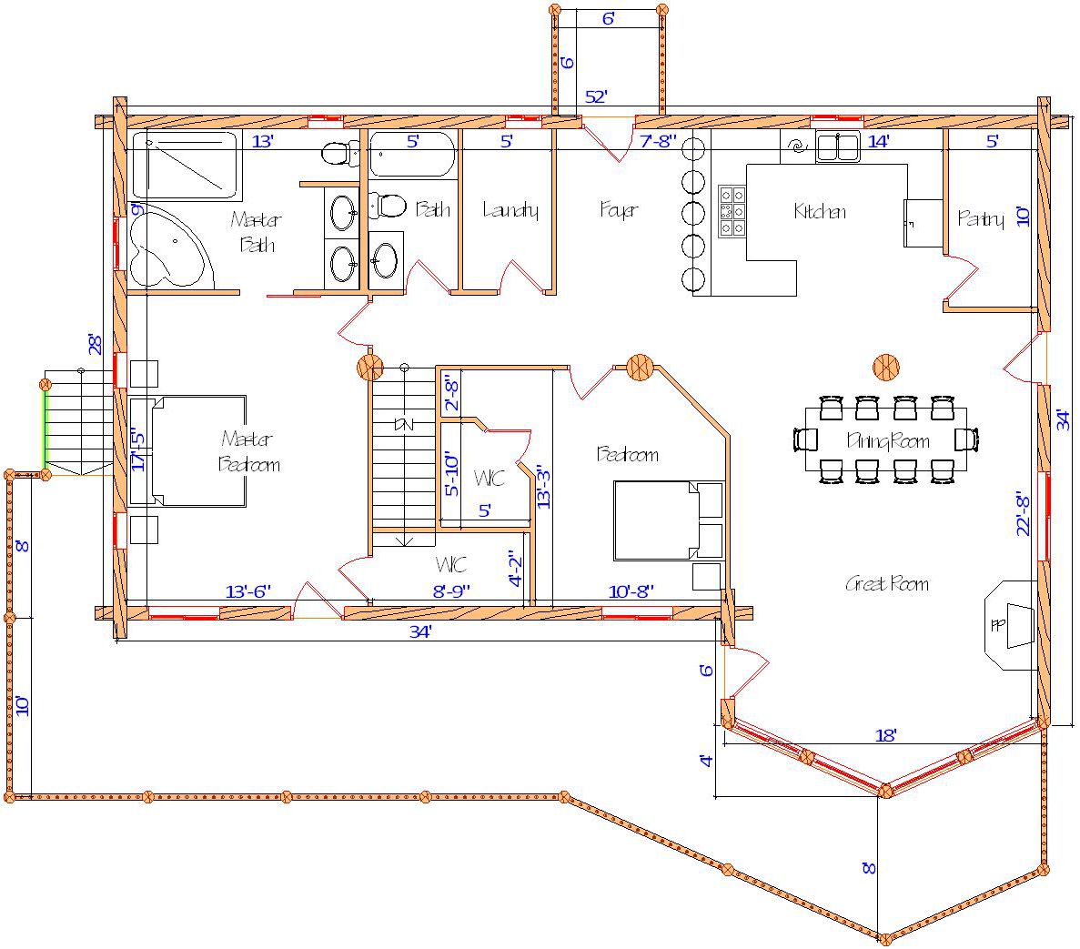 Floor plan of a log home layout showing various rooms including a master bedroom, guest room, living room, dining room, kitchen, and bathrooms with dimensions noted.