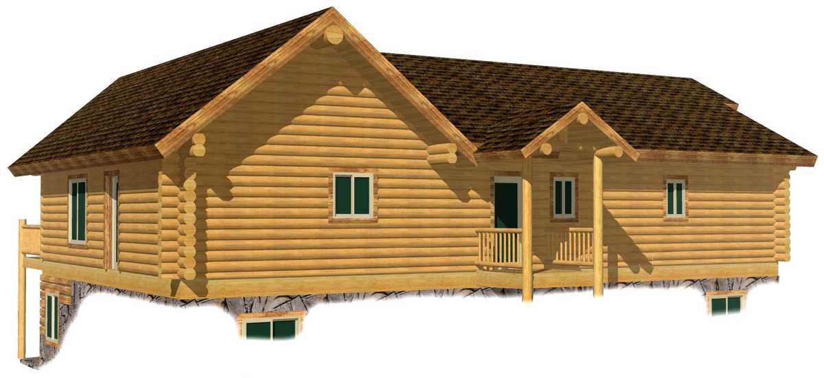 Spacious two-story log cabin with large porch and green windows
