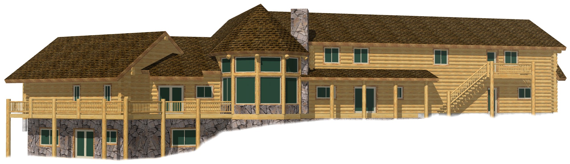 Two-story rustic cabin with wooden exterior design